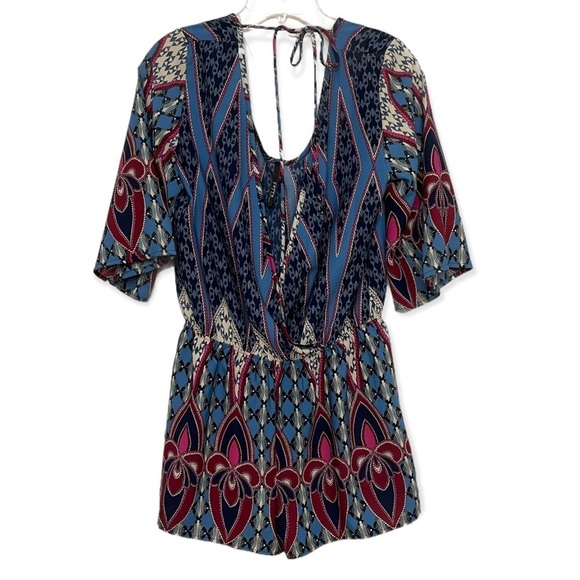 Yetts Los Angeles Womans M Blue Ikat Boho Rustic Western Open Back‎ Short Romper - Picture 2 of 4